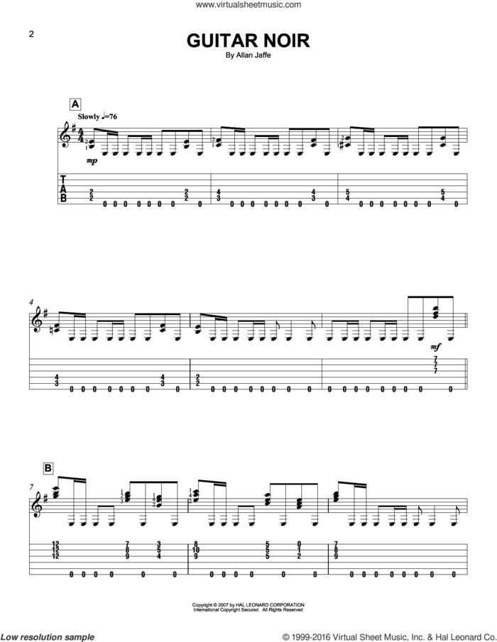 Guitar Noir sheet music for guitar solo (easy tablature) by Allan Jaffe, easy guitar (easy tablature)