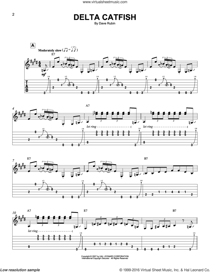 Delta Catfish sheet music for guitar solo (easy tablature) by Dave Rubin, easy guitar (easy tablature)