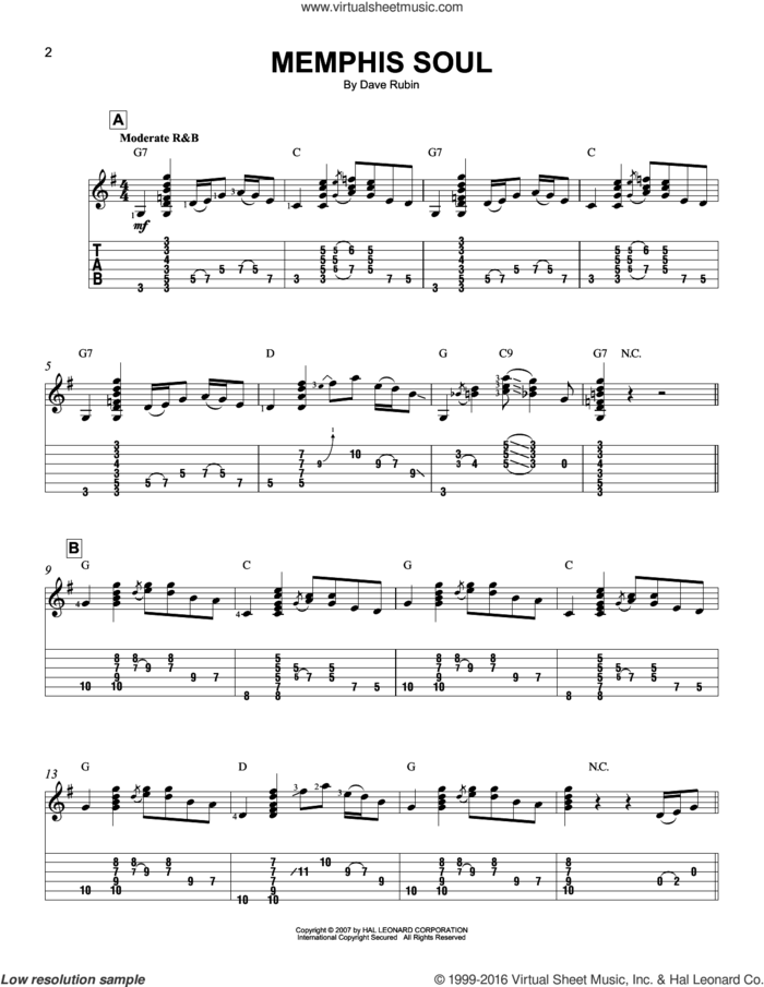 Memphis Soul sheet music for guitar solo (easy tablature) by Dave Rubin, easy guitar (easy tablature)