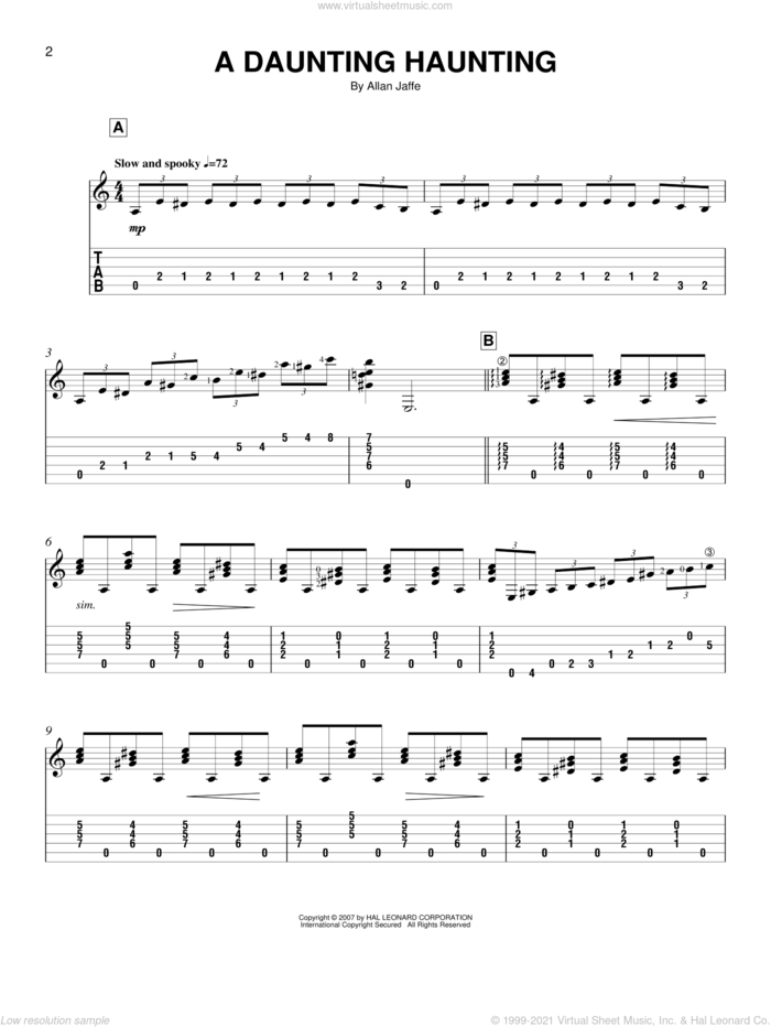 A Daunting Haunting sheet music for guitar solo (easy tablature) by Allan Jaffe, easy guitar (easy tablature)