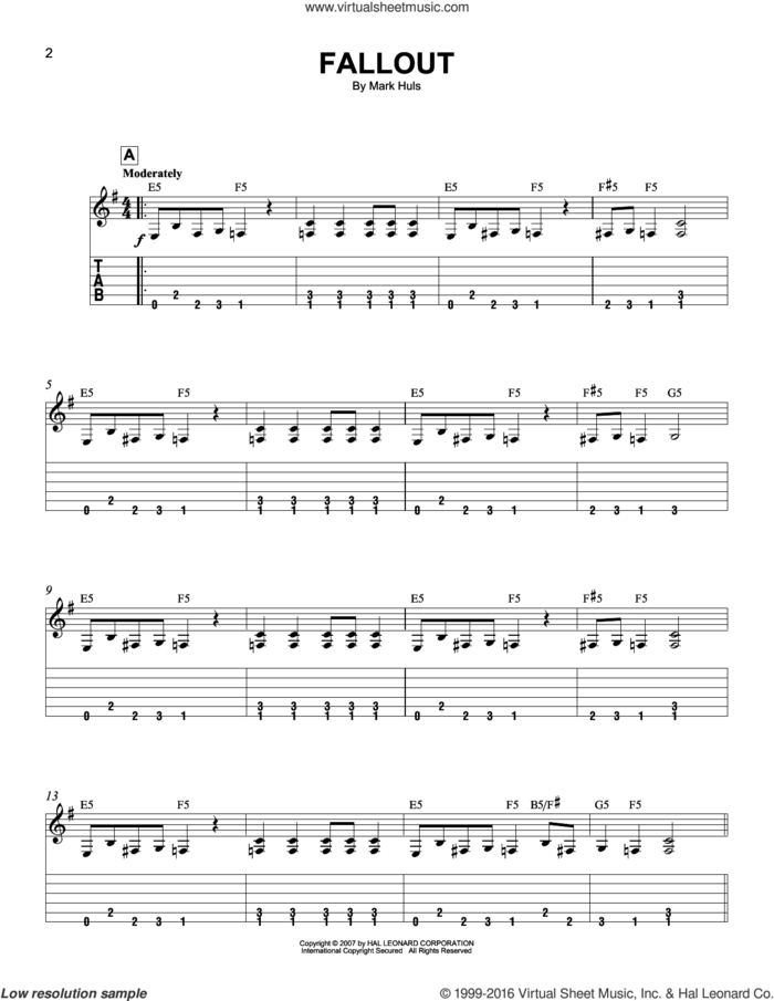 Fallout sheet music for guitar solo (easy tablature) by Mark Huls, easy guitar (easy tablature)