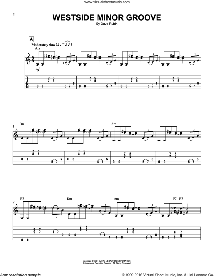 Westside Minor Groove sheet music for guitar solo (easy tablature) by Dave Rubin, easy guitar (easy tablature)