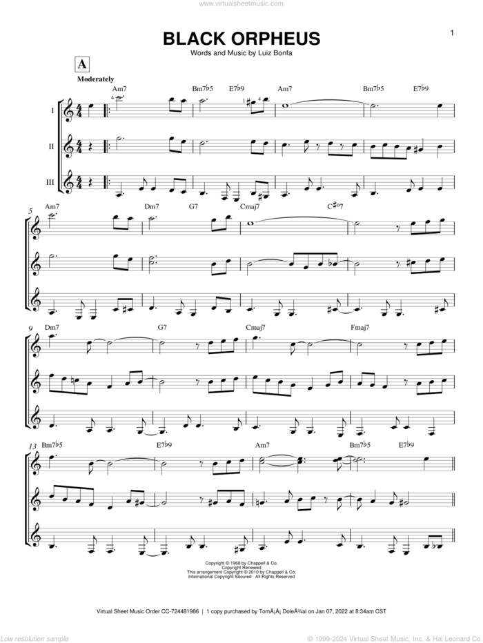 Black Orpheus sheet music for guitar ensemble by Stan Getz, Antonio Carlos Jobim and Luiz Bonfa, intermediate skill level