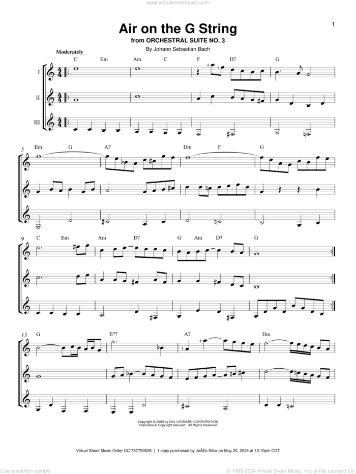 Air On The G String sheet music for guitar ensemble by Johann Sebastian Bach, classical wedding score, intermediate skill level