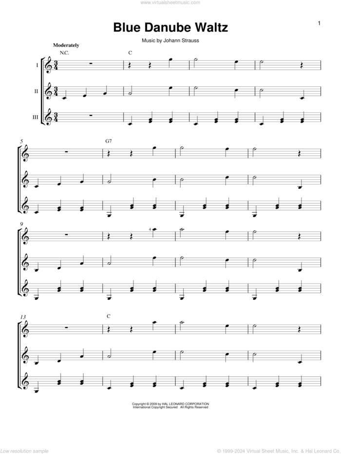 Blue Danube Waltz sheet music for guitar ensemble by Johann Strauss, Jr., intermediate skill level