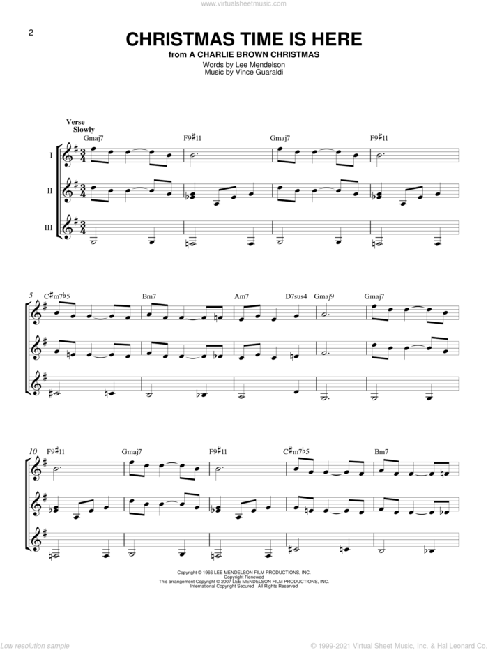 Christmas Time Is Here sheet music for guitar ensemble by Vince Guaraldi, J Arnold and Lee Mendelson, intermediate skill level