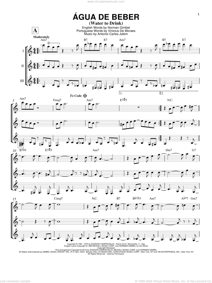 Agua De Beber (Water To Drink) sheet music for guitar ensemble by Antonio Carlos Jobim, Norman Gimbel and Vinicius de Moraes, intermediate skill level