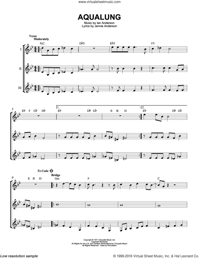 Aqualung sheet music for guitar ensemble by Jethro Tull, Ian Anderson and Jennie Anderson, intermediate skill level