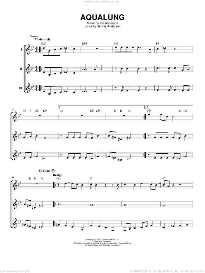 Aqualung sheet music for guitar ensemble by Jethro Tull, Ian Anderson and Jennie Anderson, intermediate skill level