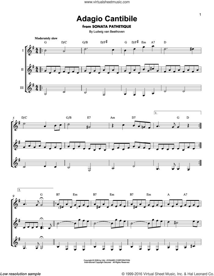 Adagio Cantabile sheet music for guitar ensemble by Ludwig van Beethoven, classical score, intermediate skill level