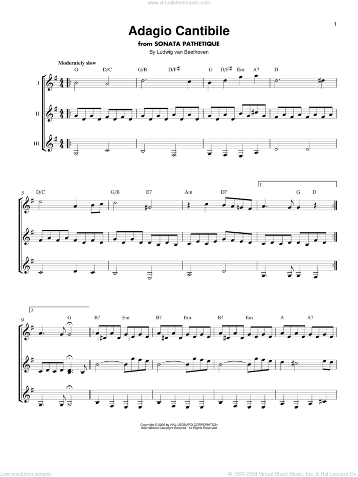 Adagio Cantabile sheet music for guitar ensemble by Ludwig van Beethoven, classical score, intermediate skill level