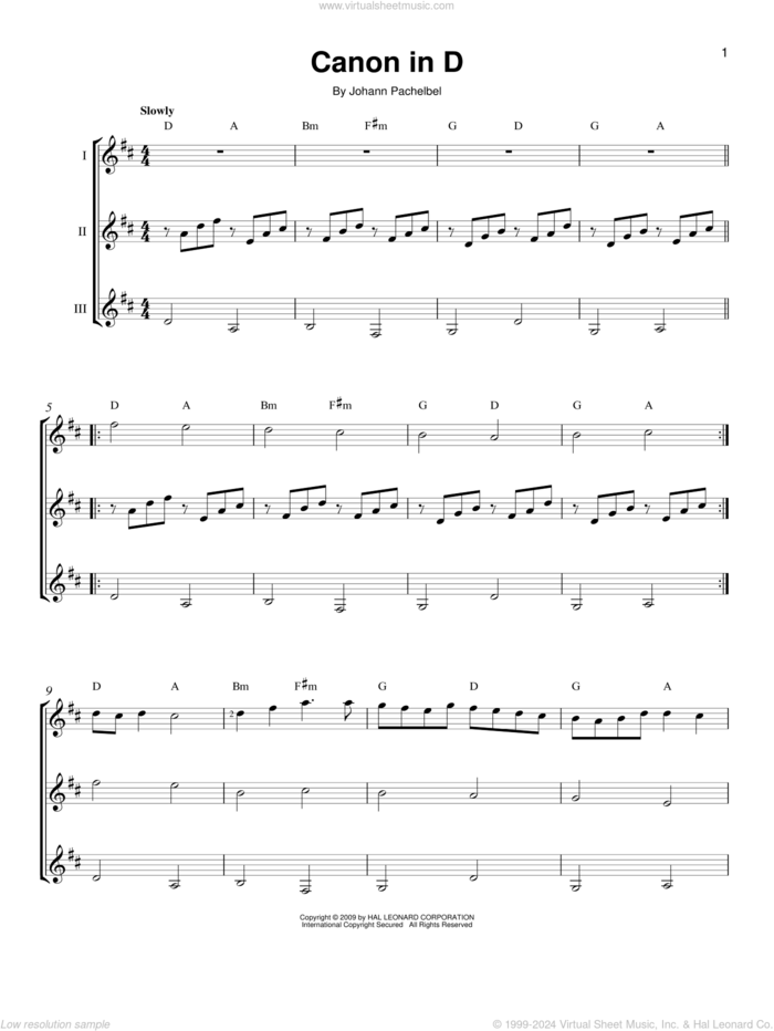 Canon In D sheet music for guitar ensemble by Johann Pachelbel, classical wedding score, intermediate skill level