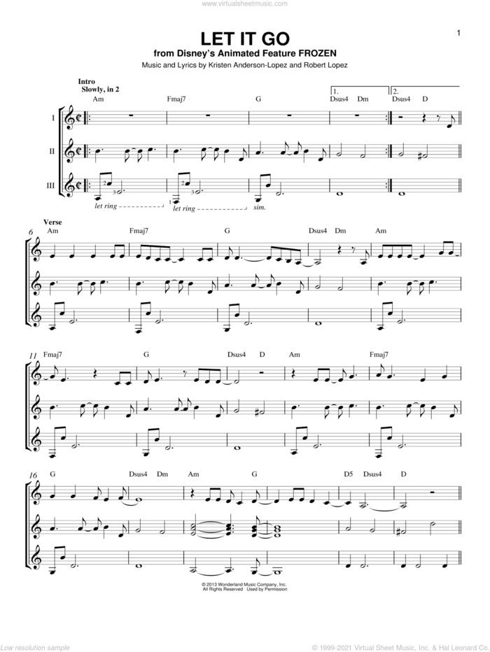 Let It Go (from Frozen) sheet music for guitar ensemble by Idina Menzel, Kristen Anderson-Lopez and Robert Lopez, intermediate skill level