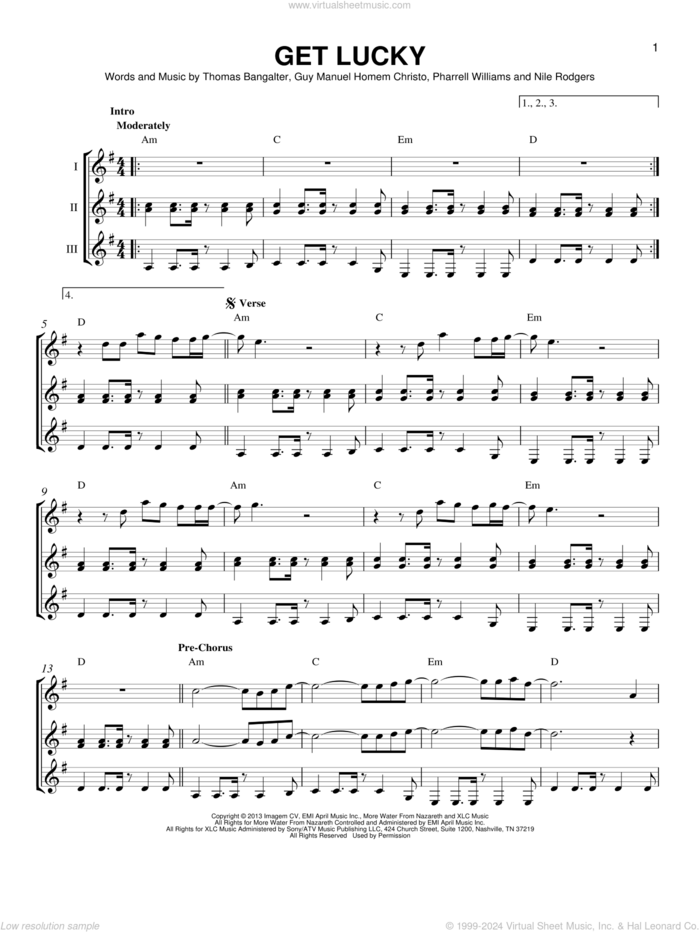 Get Lucky sheet music for guitar ensemble by Daft Punk Featuring Pharrell Williams, Guy Manuel Homem Christo, Nile Rodgers, Pharrell Williams and Thomas Bangalter, intermediate skill level