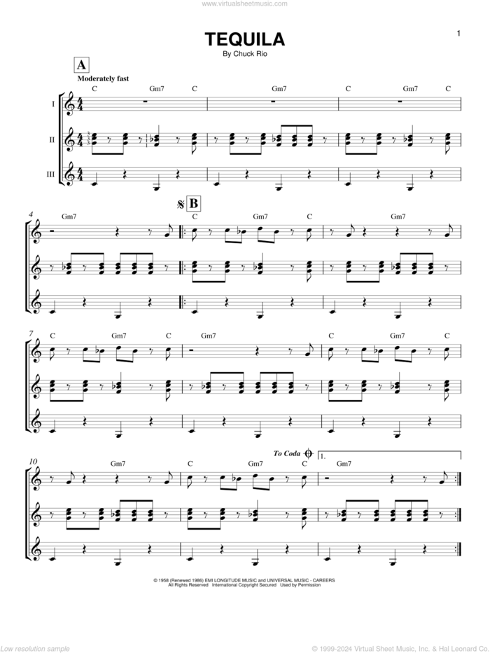 Tequila sheet music for guitar ensemble by The Champs, The Changes and Chuck Rio, intermediate skill level