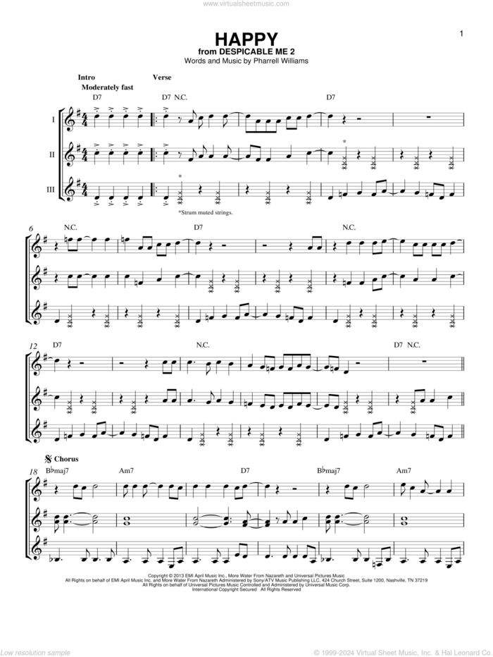 Happy sheet music for guitar ensemble by Pharrell and Pharrell Williams, intermediate skill level