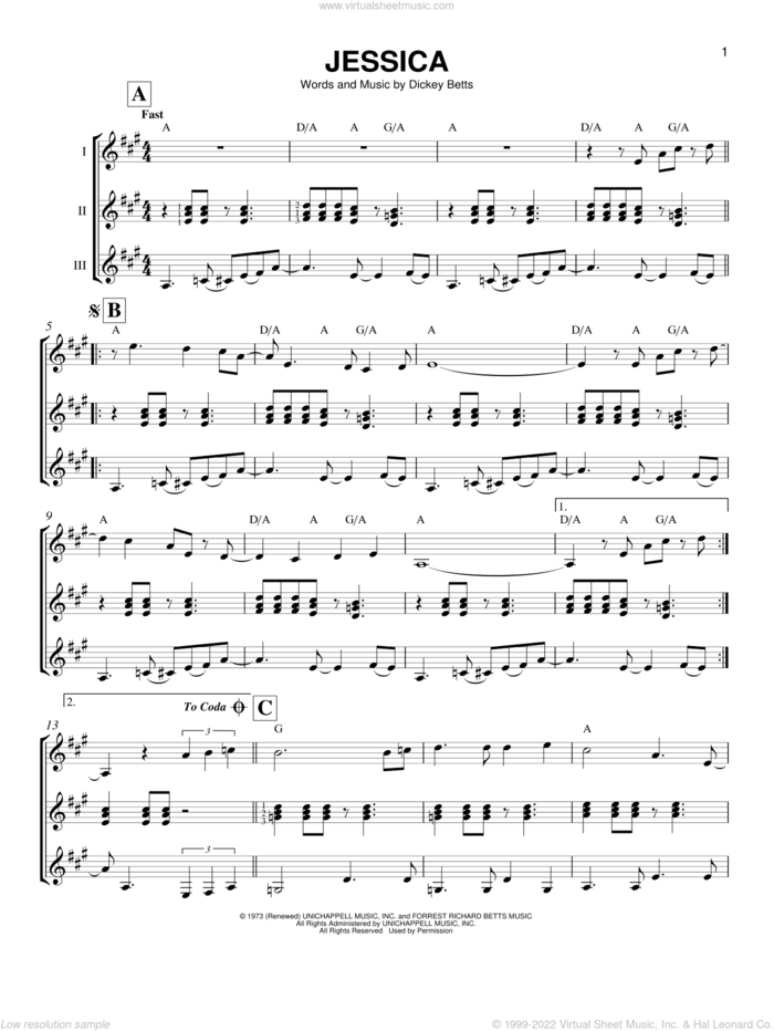 Jessica sheet music for guitar ensemble by Allman Brothers Band and Dickey Betts, intermediate skill level