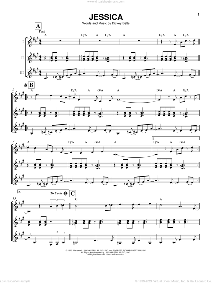 Jessica sheet music for guitar ensemble by Allman Brothers Band and Dickey Betts, intermediate skill level