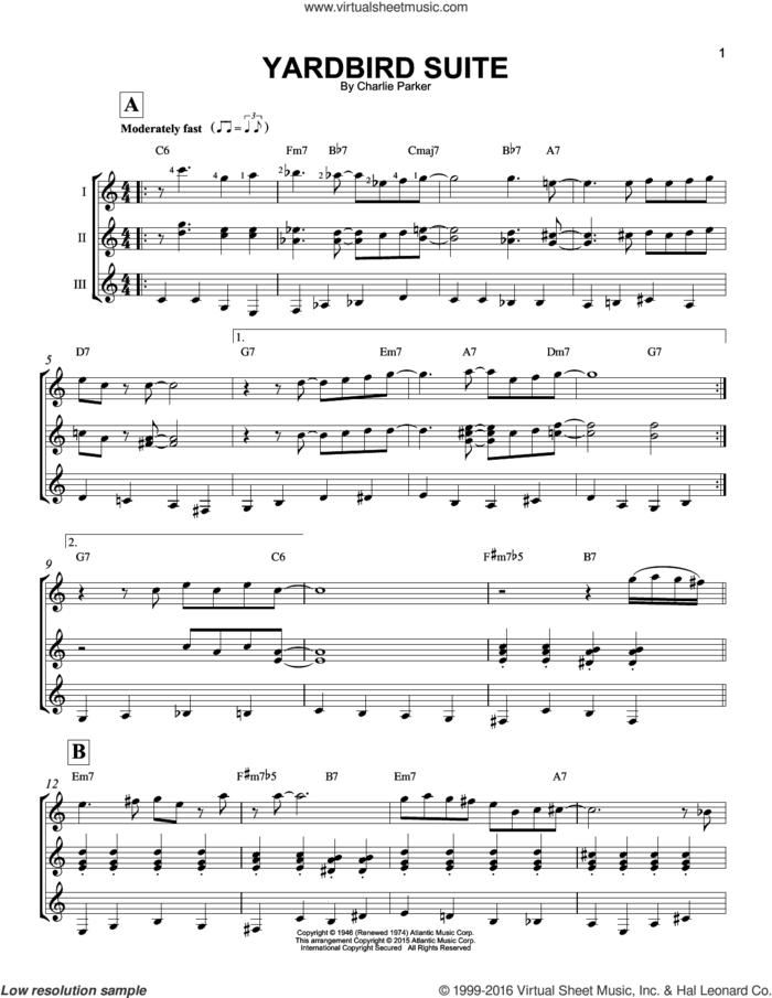Yardbird Suite sheet music for guitar ensemble by Charlie Parker, intermediate skill level