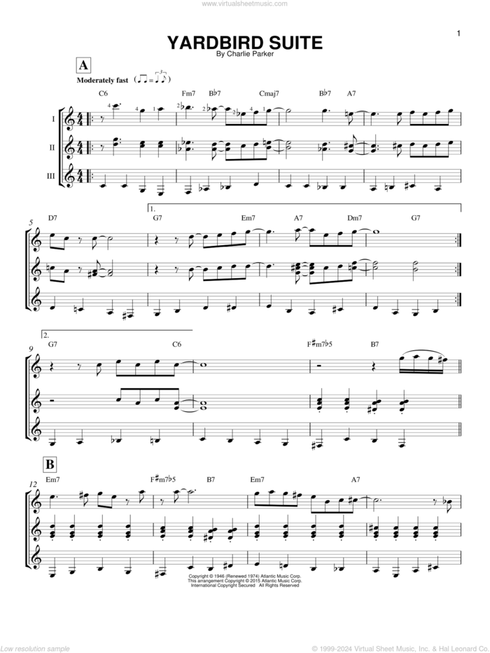 Yardbird Suite sheet music for guitar ensemble by Charlie Parker, intermediate skill level