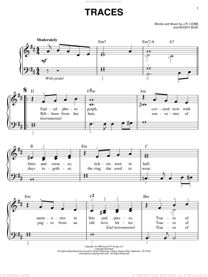 Traces sheet music for piano solo by Classics IV, Buddy Buie and J.R. Cobb, easy skill level