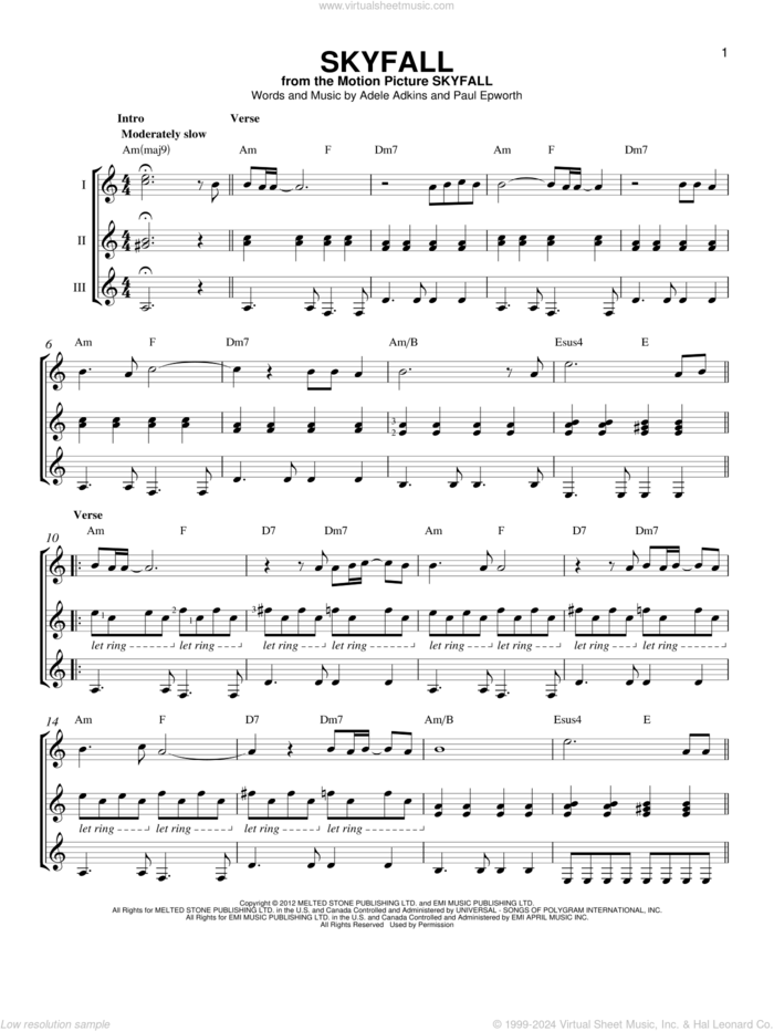 Skyfall sheet music for guitar ensemble by Adele, Adele Adkins and Paul Epworth, intermediate skill level