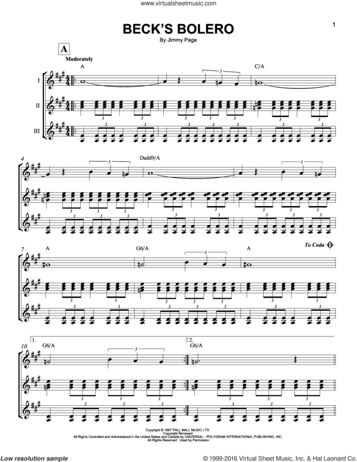 Beck's Bolero sheet music for guitar ensemble by Jeff Beck and Jimmy Page, intermediate skill level