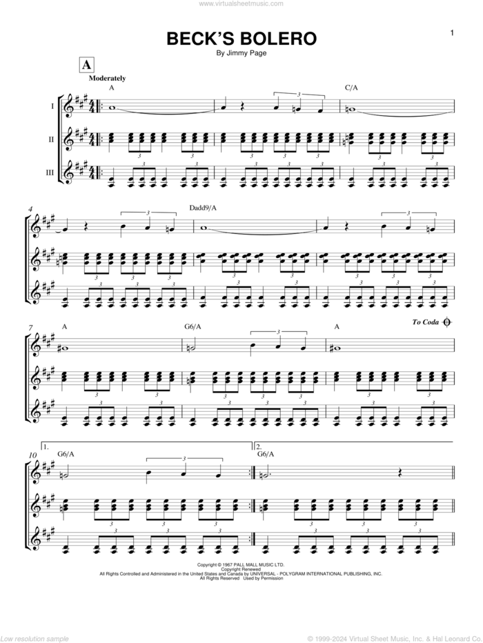 Beck's Bolero sheet music for guitar ensemble by Jeff Beck and Jimmy Page, intermediate skill level