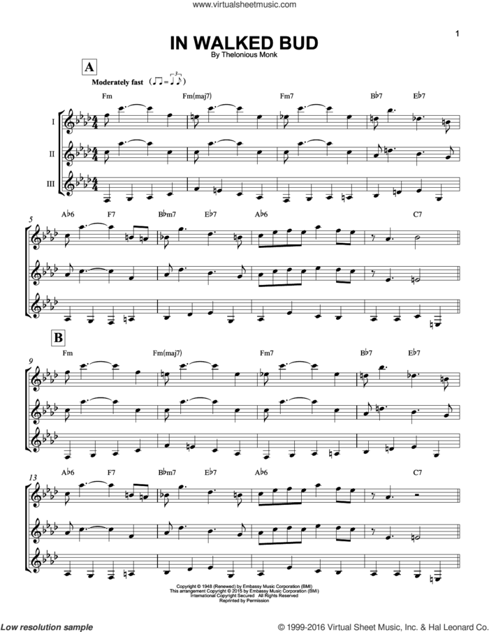 In Walked Bud sheet music for guitar ensemble by Thelonious Monk, intermediate skill level