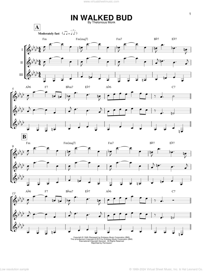 In Walked Bud sheet music for guitar ensemble by Thelonious Monk, intermediate skill level