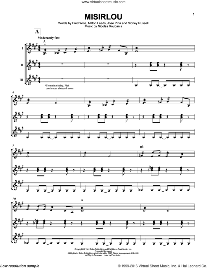 Misirlou sheet music for guitar ensemble by Milton Leeds, Fred Wise, Jose Pina, Nicolas Roubanis and Sidney Russell, intermediate skill level