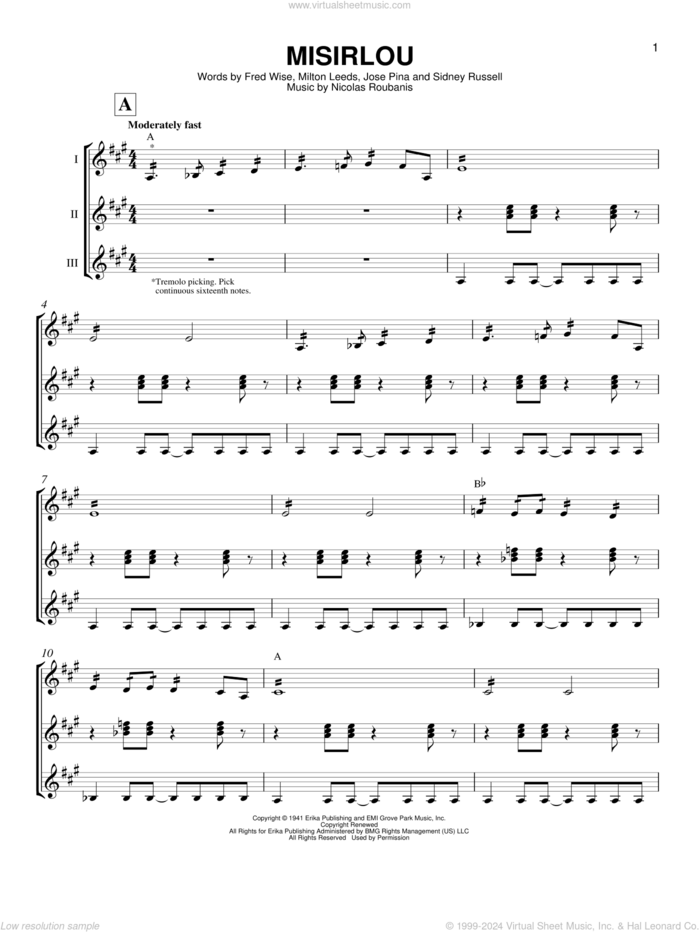 Misirlou sheet music for guitar ensemble by Milton Leeds, Fred Wise, Jose Pina, Nicolas Roubanis and Sidney Russell, intermediate skill level