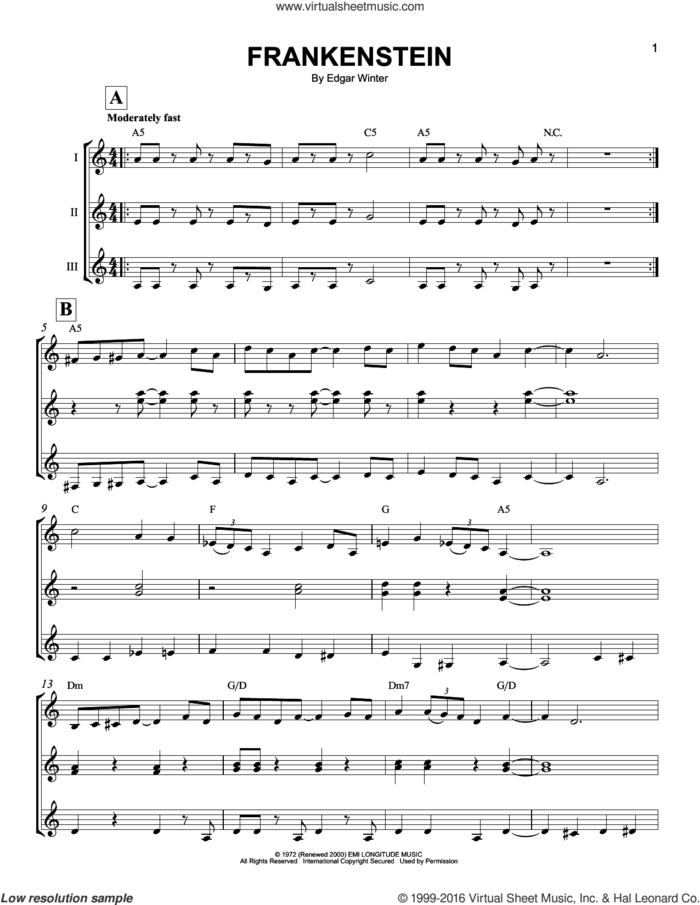 Frankenstein sheet music for guitar ensemble by Edgar Winter Group and Edgar Winter, intermediate skill level