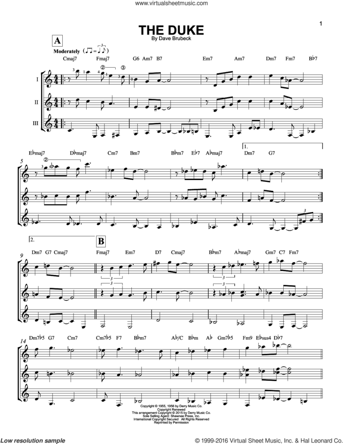The Duke sheet music for guitar ensemble by Dave Brubeck, intermediate skill level