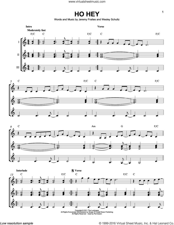 Ho Hey sheet music for guitar ensemble by The Lumineers, Lennon & Maisy, Jeremy Fraites and Wesley Schultz, intermediate skill level