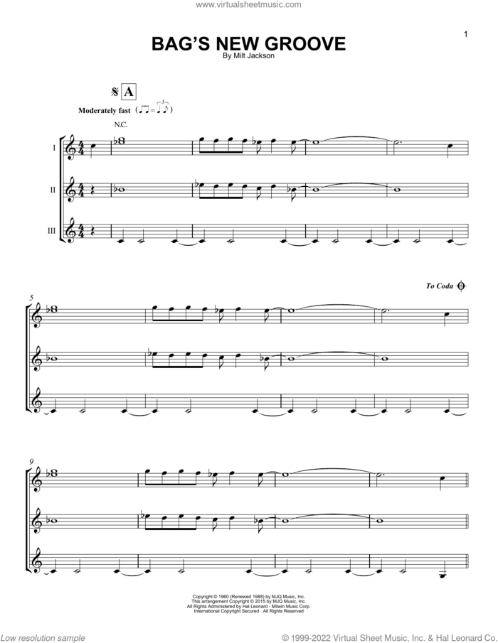 Bag's New Groove sheet music for guitar ensemble by Milt Jackson, intermediate skill level
