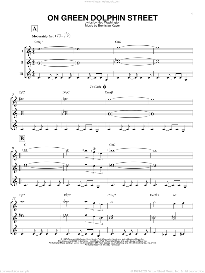 On Green Dolphin Street sheet music for guitar ensemble by Ned Washington and Bronislau Kaper, intermediate skill level