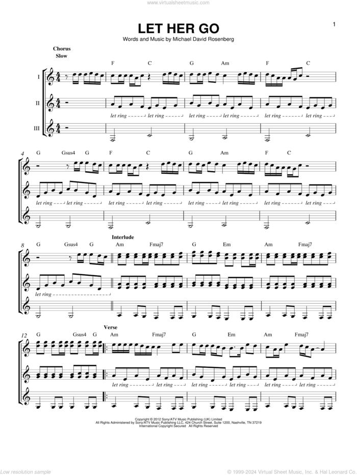 Let Her Go sheet music for guitar ensemble by Passenger and Michael David Rosenberg, intermediate skill level