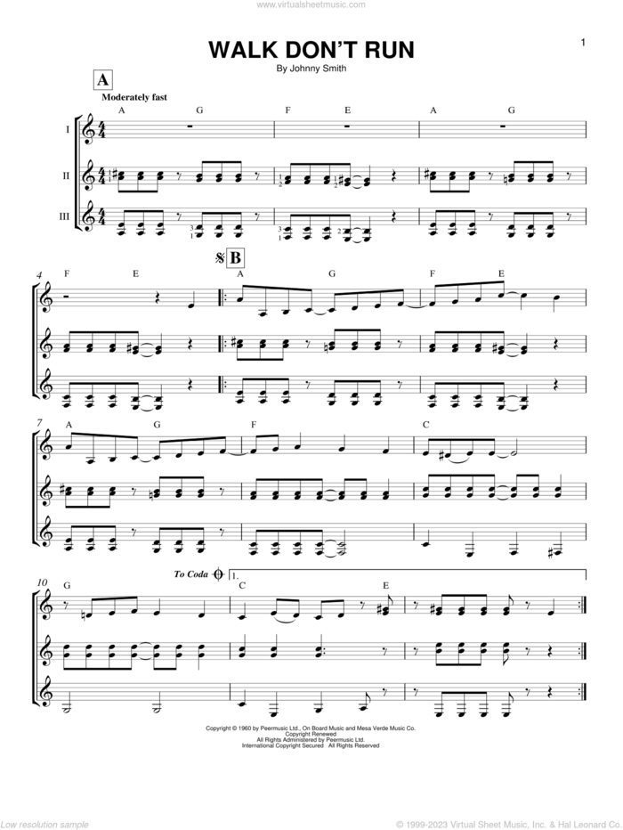 Walk Don't Run sheet music for guitar ensemble by The Ventures and Johnny Smith, intermediate skill level