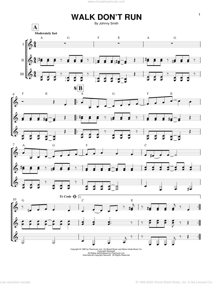 Walk Don't Run sheet music for guitar ensemble by The Ventures and Johnny Smith, intermediate skill level