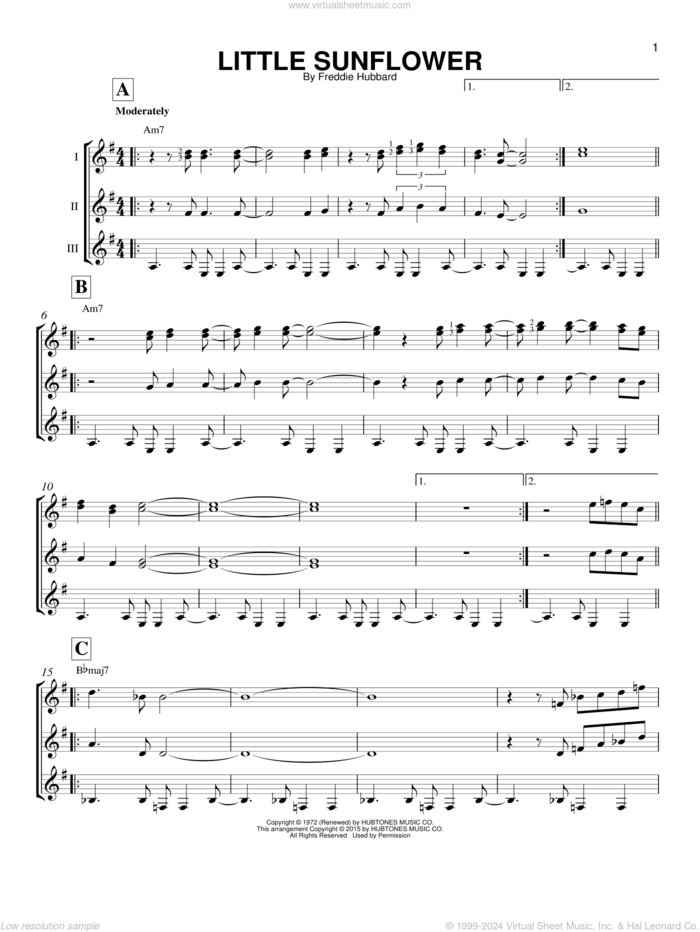 Little Sunflower sheet music for guitar ensemble by Freddie Hubbard, intermediate skill level