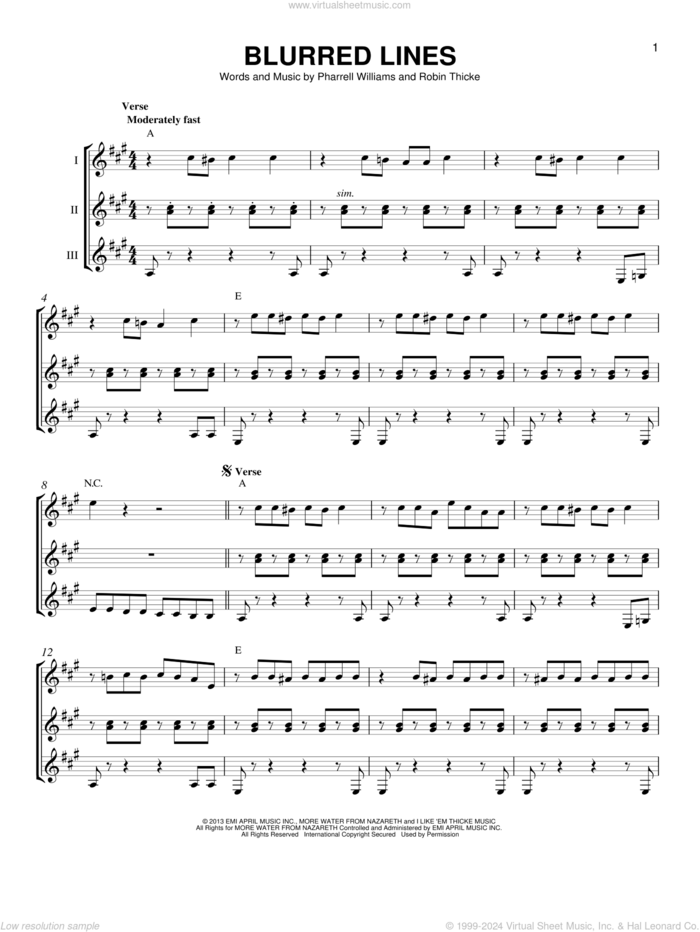 Blurred Lines sheet music for guitar ensemble by Robin Thicke, Clifford Harris and Pharrell Williams, intermediate skill level