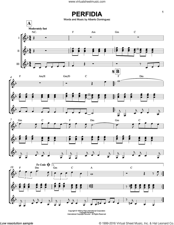 Perfidia sheet music for guitar ensemble by The Ventures and Alberto Dominguez, intermediate skill level