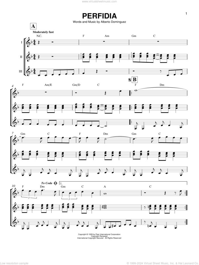 Perfidia sheet music for guitar ensemble by The Ventures and Alberto Dominguez, intermediate skill level