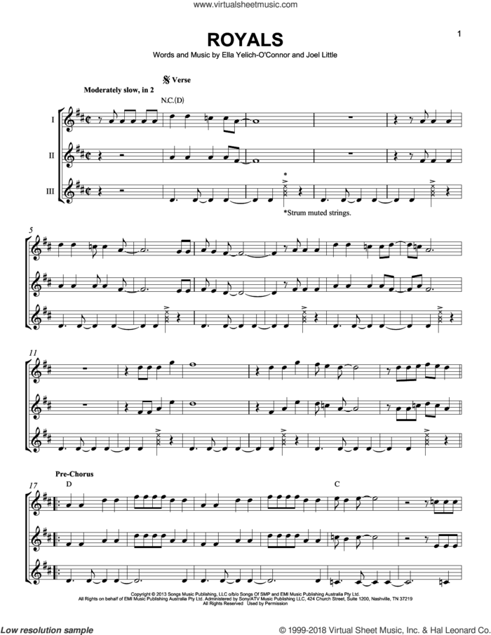 Royals sheet music for guitar ensemble by Lorde and Joel Little, intermediate skill level