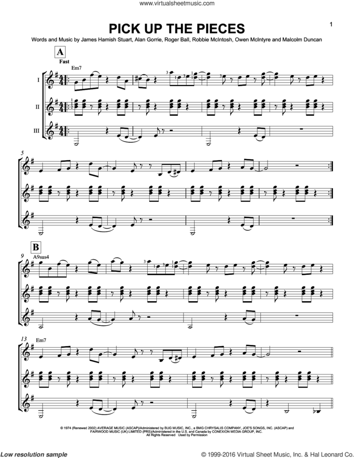 Pick Up The Pieces sheet music for guitar ensemble by Average White Band, Alan Gorrie, James Hamish Stuart, Malcolm Duncan, Owen McIntyre, Robbie McIntosh and Roger Ball, intermediate skill level