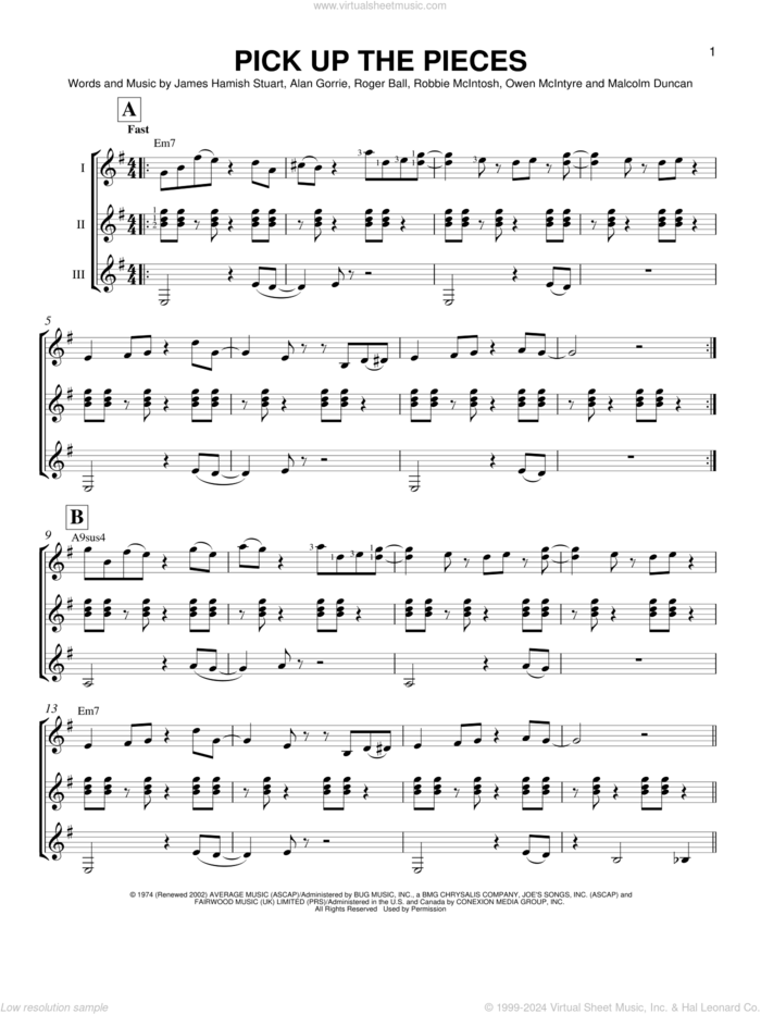 Pick Up The Pieces sheet music for guitar ensemble by Average White Band, Alan Gorrie, James Hamish Stuart, Malcolm Duncan, Owen McIntyre, Robbie McIntosh and Roger Ball, intermediate skill level