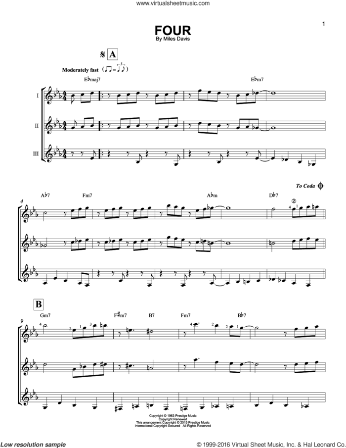 Four sheet music for guitar ensemble by Miles Davis and John Coltrane, intermediate skill level