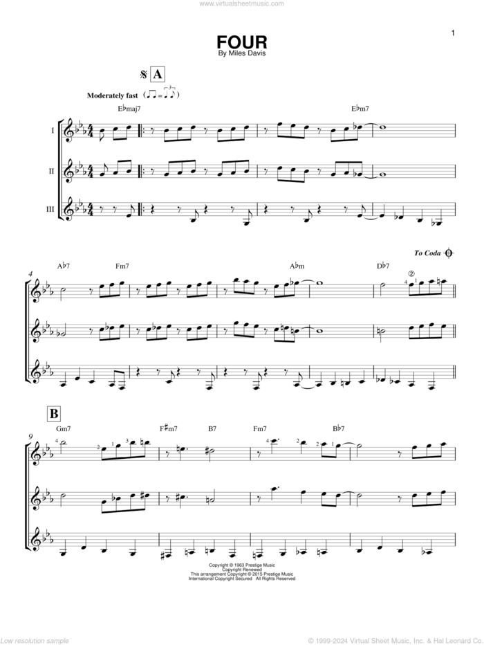 Four sheet music for guitar ensemble by Miles Davis and John Coltrane, intermediate skill level