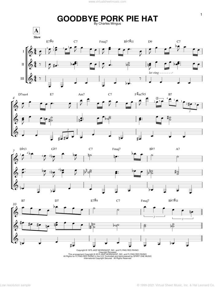 Goodbye Pork Pie Hat sheet music for guitar ensemble by Charles Mingus, intermediate skill level